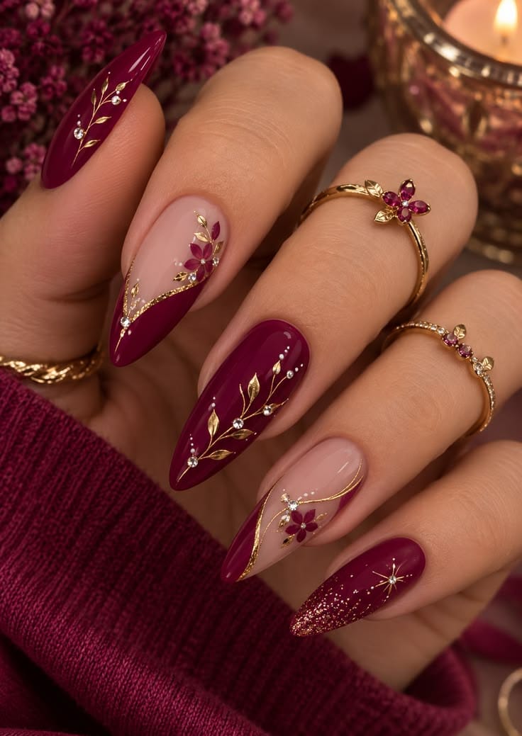 Burgundy almond nails with gold leaf nail art
